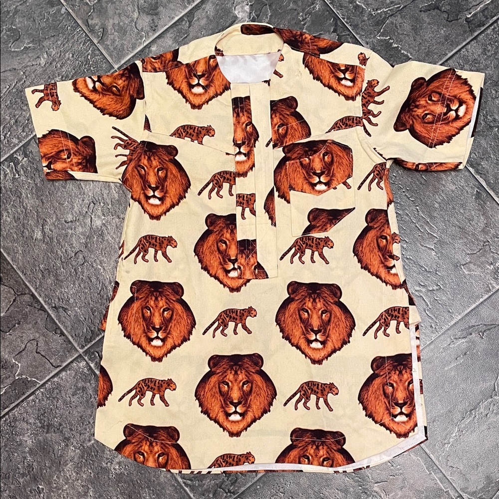 HANDMADE Kids Lion Print Short Sleeve Tunic Shirt w Buttons Kidcore Zoo Animal
